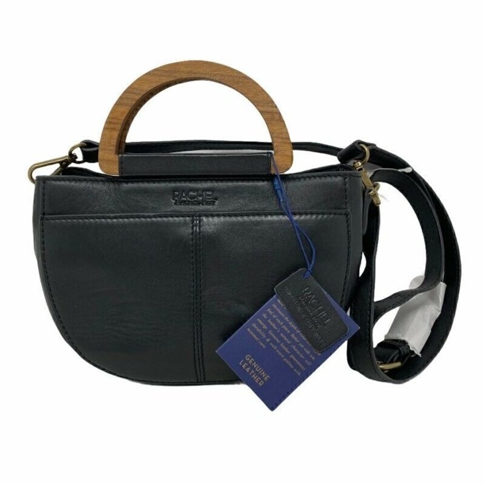 NEW Rachel Roy Womens Crossbody Bag Black Leather Magnetic Snap Wood Handle